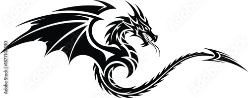 Black tribal dragon tattoo silhouette with sharp wings and curved tail isolated on white background for mythical fantasy logo and bold graphic design element