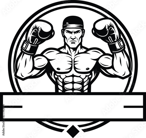 Black-and-white vector emblem of muscular boxer flexing arms with gloves and headband, ideal for fitness branding, boxing promotions, or athletic design.