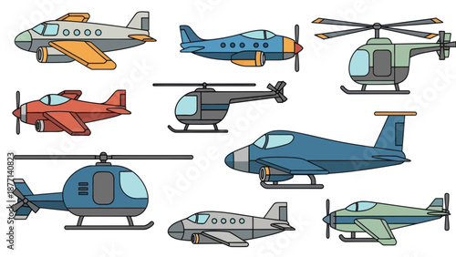 Cartoon Aviation: Planes and Helicopters Set