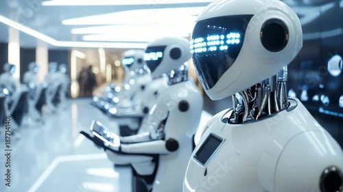 Row of White Humanoid Robots Working with Tablets in a Futuristic Office