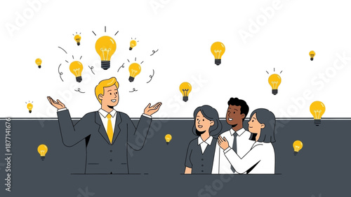 Teamwork and Innovation: Businessman Shares Ideas with Colleagues, Lightbulbs Symbolize Inspiration