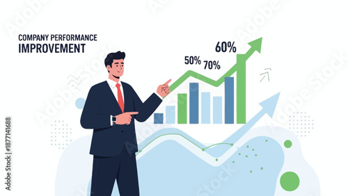 Businessman points to upward trend graph, company performance improvement concept