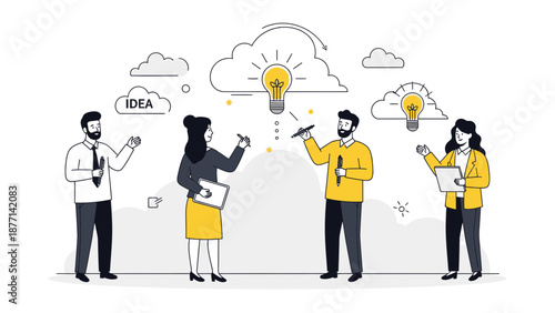Teamwork Brainstorming: People Generating Ideas with Lightbulbs and Clouds