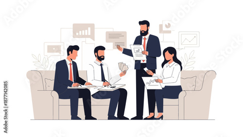 Business meeting with charts and graphs, teamwork and collaboration concept