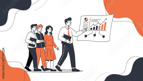 Teamwork presentation of business growth chart, leader explaining strategy to colleagues.