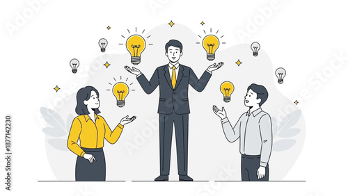Teamwork Brainstorming Ideas, Business People Juggling Lightbulbs