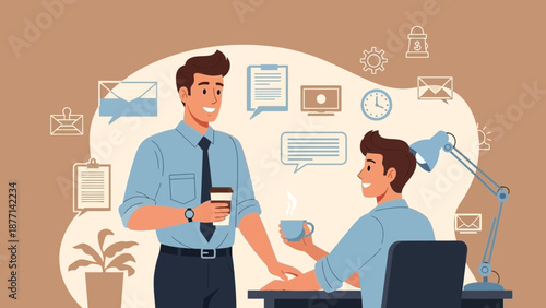 Businessmen colleagues talking and drinking coffee at office desk, teamwork concept