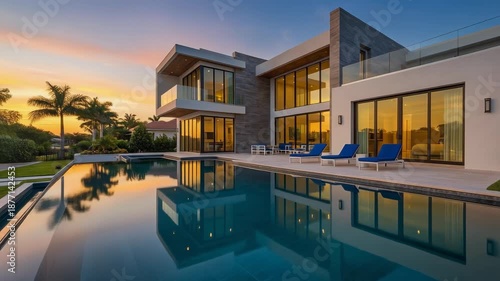 Wallpaper Mural Modern luxury villa with pool and sunset view in a tropical setting Torontodigital.ca