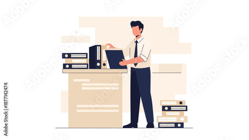 Office Worker Organizing Files and Binders on Desk - Business Concept