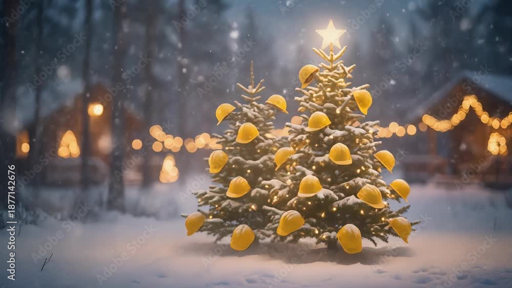custom made wallpaper toronto digitalFestive Christmas Trees Adorned with Yellow Hard Hats in a Snowy Winter Landscape