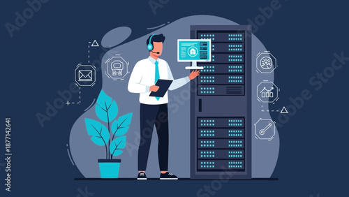 IT Support Man with Server Rack and Technology Icons - Flat Design
