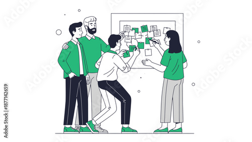 Team Brainstorming Meeting with Sticky Notes on Board - Collaboration Concept