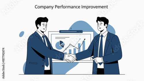 Businessmen shaking hands over financial chart, company performance improvement