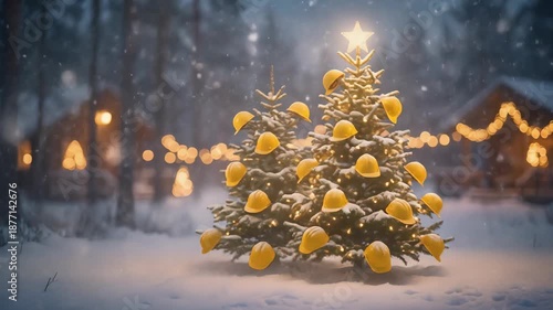 Wallpaper Mural Festive Christmas Trees Adorned with Yellow Hard Hats in a Snowy Winter Landscape Torontodigital.ca