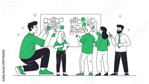 Team Collaboration Brainstorming Session with Sticky Notes and Idea Lightbulb