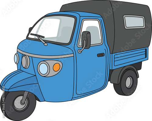 Cartoon-style blue auto rickshaw with enclosed black rear cabin, front headlights, and windshield wiper, ideal for urban transport and tuk-tuk themed vector design.