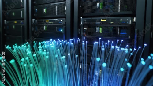 Fiber optic cables glowing in a data center with server racks in the background, symbolizing high-speed data transmission and network infrastructure.
