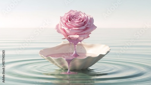 Ethereal Rose Dripping Elixir into a Seashell on Water