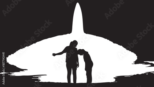 Black silhouette of a man walking as a surfer on the beach with a vector art shadow illustration of a person in sport