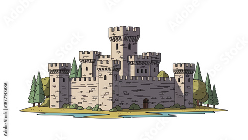 Cartoon castle on island illustration