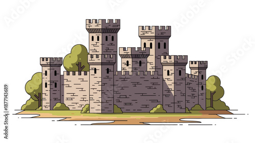 Cartoon Castle Fortress with Towers and Walls