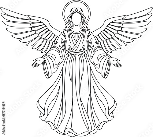 Angel illustration with wings halo religious spiritual line art vector isolated for tattoo coloring book church decor sacred design projects