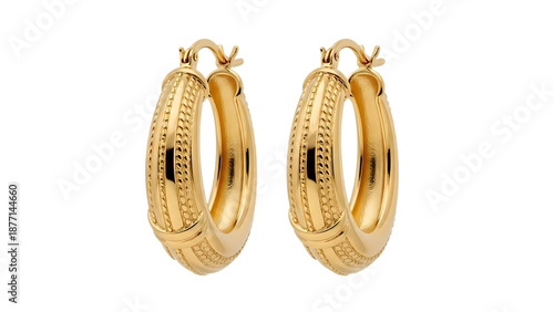 Gold hoop earrings with textured details isolated on a transparent background jewelry
