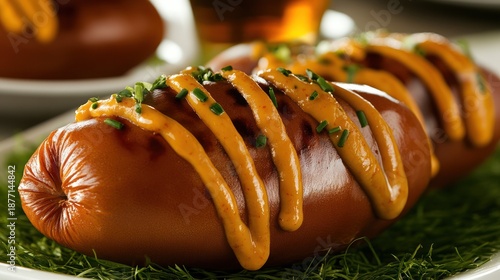 Gourmet grilled hotdog sausages generously topped with a rich golden mustard sauce and vibrant green chives, embodying the concept of classic American comfort food perfection