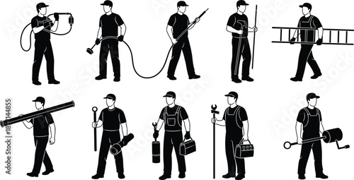 Construction workers silhouettes set with tools equipment labor professions vector illustration isolated for industry safety training infographic design projects