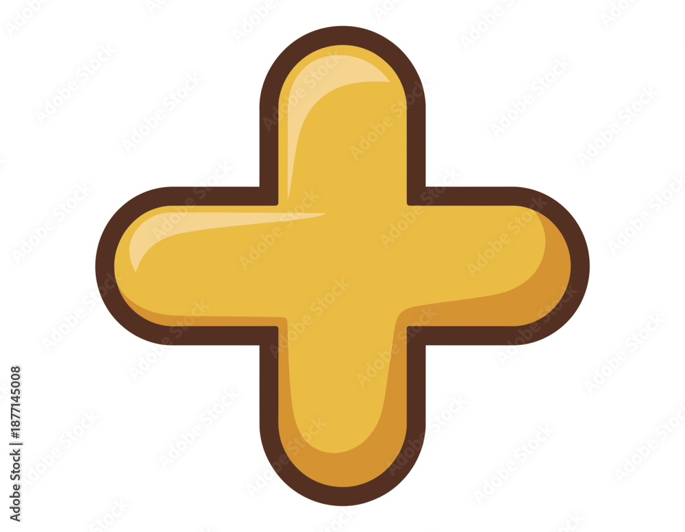 Obraz premium A shiny yellow plus sign icon with a brown outline on a white background