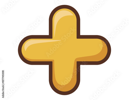 A shiny yellow plus sign icon with a brown outline on a white background