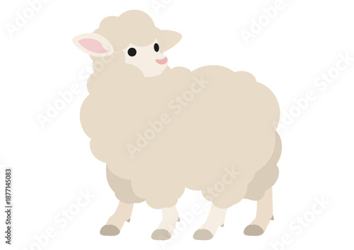 もこもこと後ろを振り向いて立つ横向きのひつじ