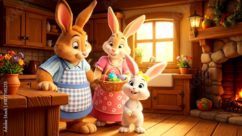 A heartwarming Easter Day scene with a family of happy rabbits preparing beautifully decorated eggs, enjoying the tradition of natural egg dye in their cozy, sunlit kitchen.