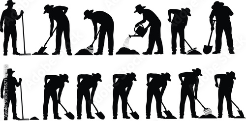 Gardener silhouette working poses collection showing raking digging watering tasks outdoor landscaping farming black vector illustration set