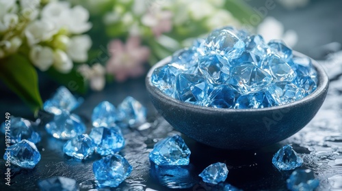 Glistening blue ice-like crystals in a dark bowl, enhanced by refreshing water droplets and soft white flowers in the background, creating a tranquil and luxurious aesthetic