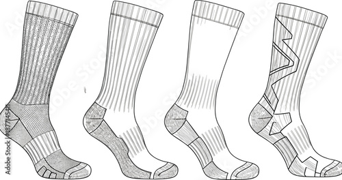 Hand drawn sock design collection with technical line art, textile patterns, sports apparel concepts, black and white vector illustration set
