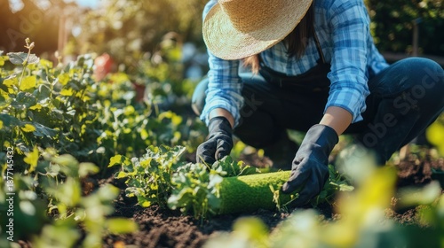Dedicated gardener with a straw hat and gloves carefully harvesting fresh, crisp organic vegetables from a sun-drenched outdoor garden, promoting sustainable living and healthy eating