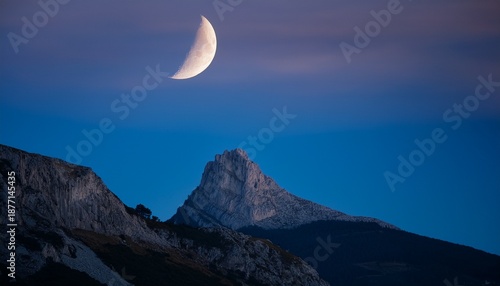Rhune Mountain In Arcangues By Night And Crescent Moon In The Sky Basque Country