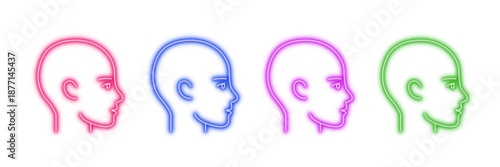 Neon glowing human head vector icons set, user profile, person, identity, thought, avatar, vibrant colorful glowing digital design on transparent background.
