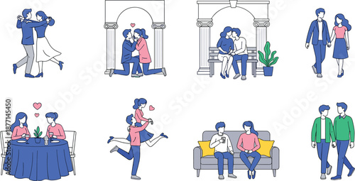 Modern romantic couple scenes illustration set showing dating moments love relationships everyday activities flat vector style design for creative projects