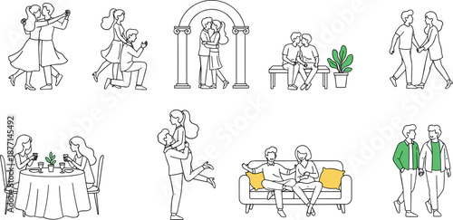 Romantic couple moments line art illustration set dating love relationships everyday scenes minimal vector isolated for modern lifestyle design projects