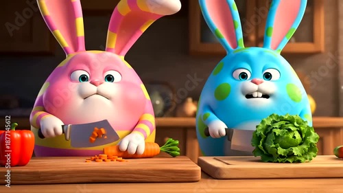 Focused cartoon bunnies intensely chopping fresh vegetables with cleavers, getting ready for joyful Easter Day celebrations and crafting vibrant natural egg dye.