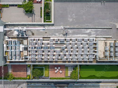 Efficient ventilation system on the roof of the house, air conditioner fans, ventilation system on the roof of residential buildings, aerial view