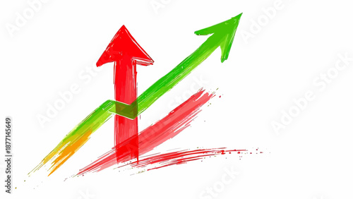 Hand drawn illustration of red downward arrow and green upward arrow showing loss and growth trends. Suitable for finance, business performance, profit, risk, market analysis, and investment concepts
