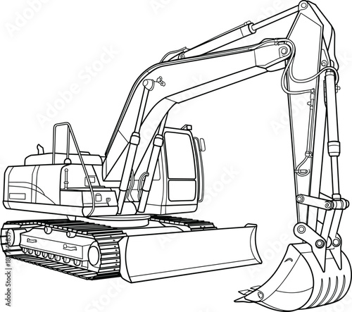 Detailed black-and-white line drawing of hydraulic excavator with tracked base, articulated arm, and bucket — ideal for construction, engineering, and technical illustrations.