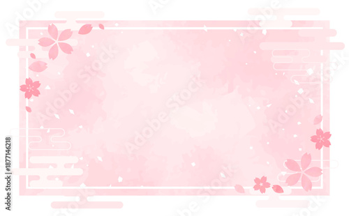 桜の手描き背景と四角和風フレーム_背景なし_横