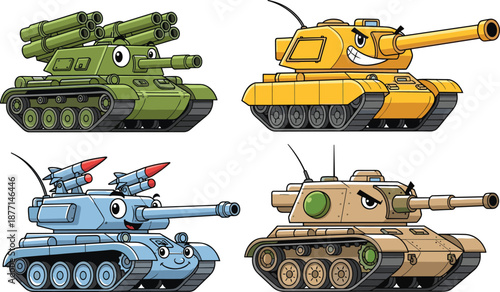 Cartoon battle tank collection with cute faces colorful military vehicles armored warfare machines playful vector illustration set for kids design