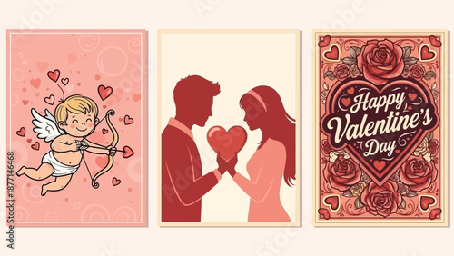 Valentine's Day illustrations featuring a cherub, couple, and ornate designs, showcasing love and romance in a heartwarming scene