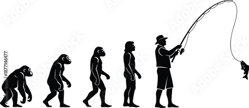 Evolution of man silhouette from ape to modern fisherman catching fish concept humorous black and white vector illustration design