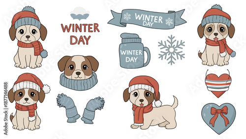 A collection of cartoon dogs and winter-themed elements, including hats and scarves, in a festive illustration.